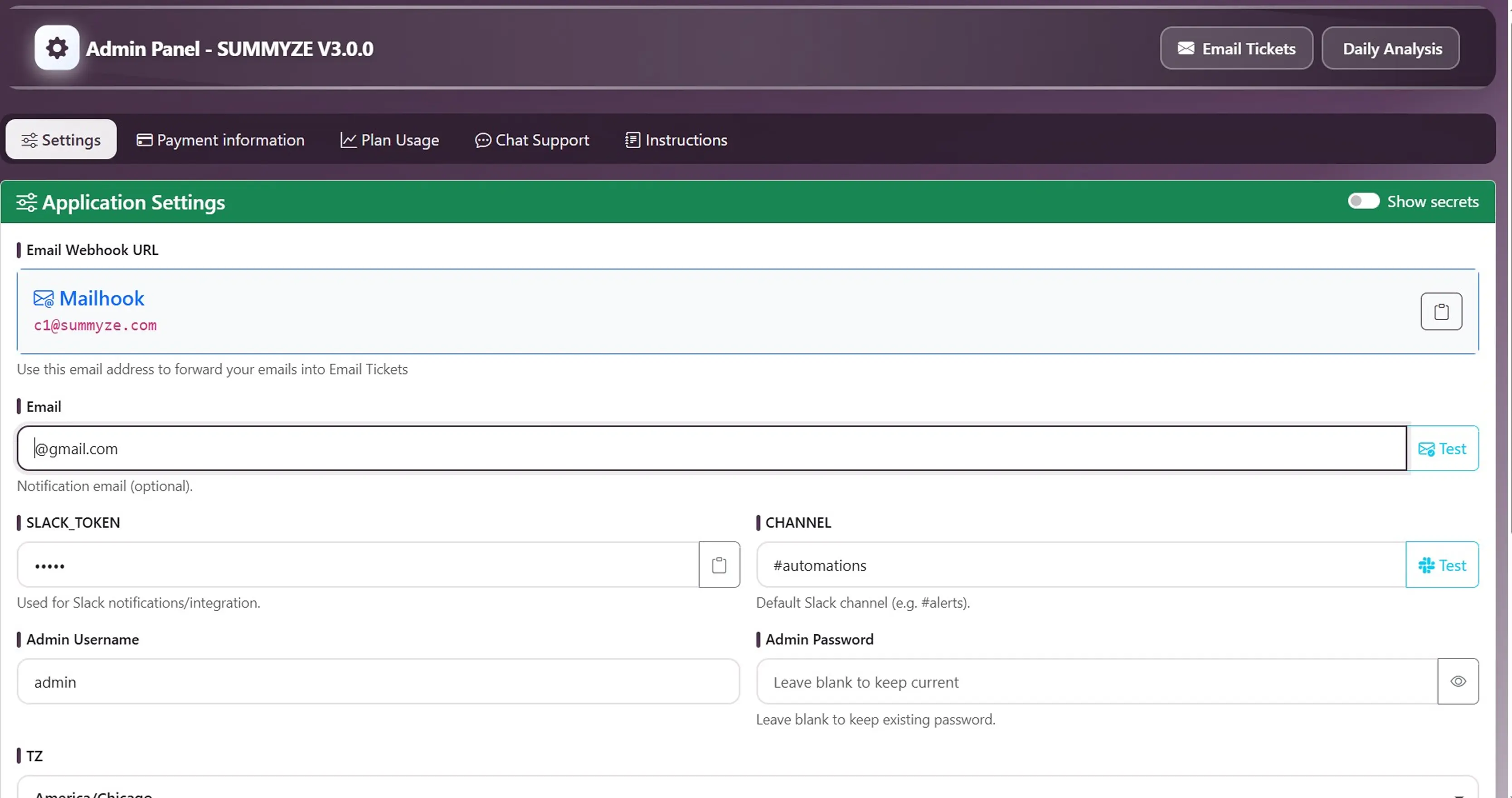 SUMMYZE Admin Panel — Application Settings