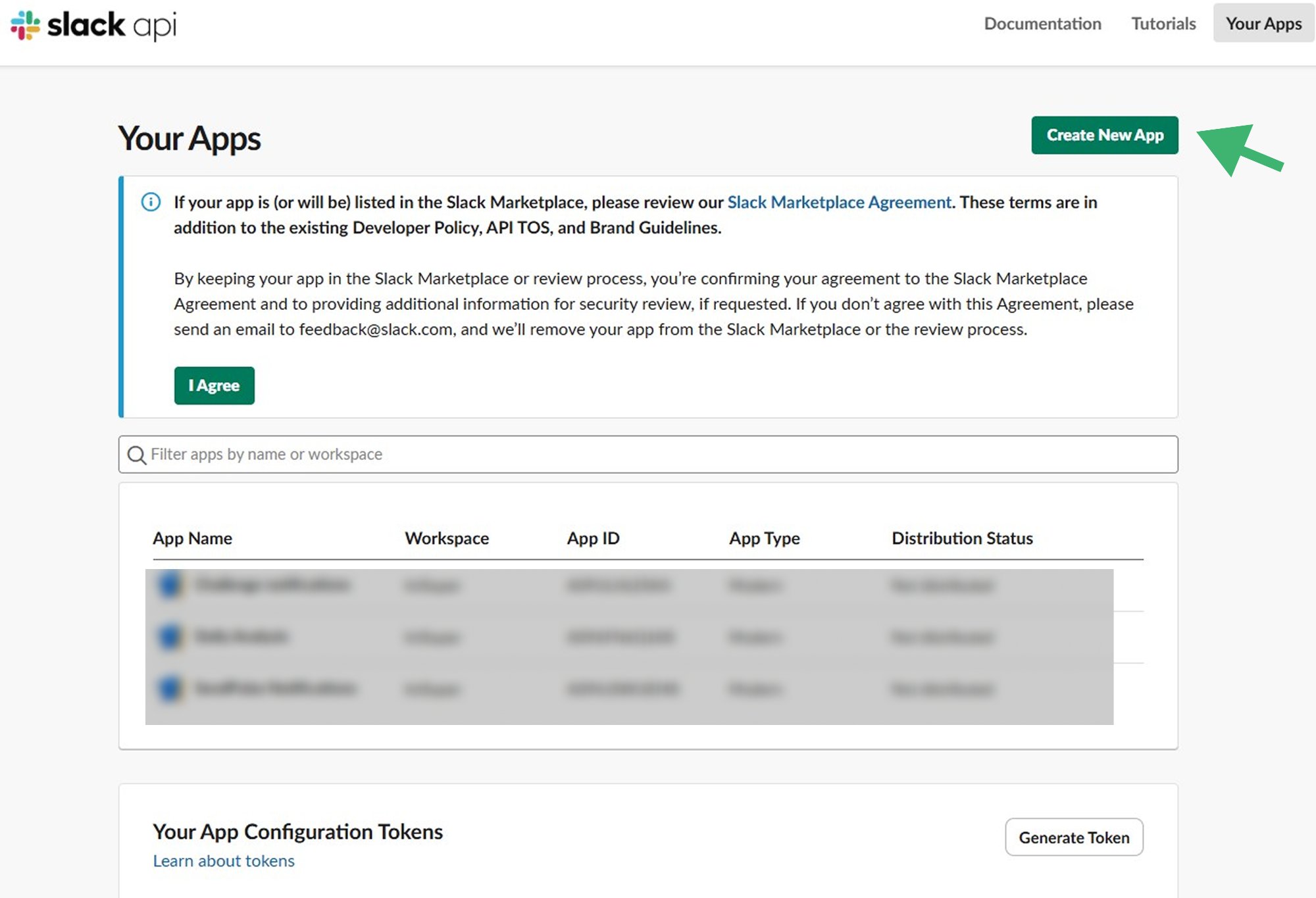 Slack API Your Apps page
