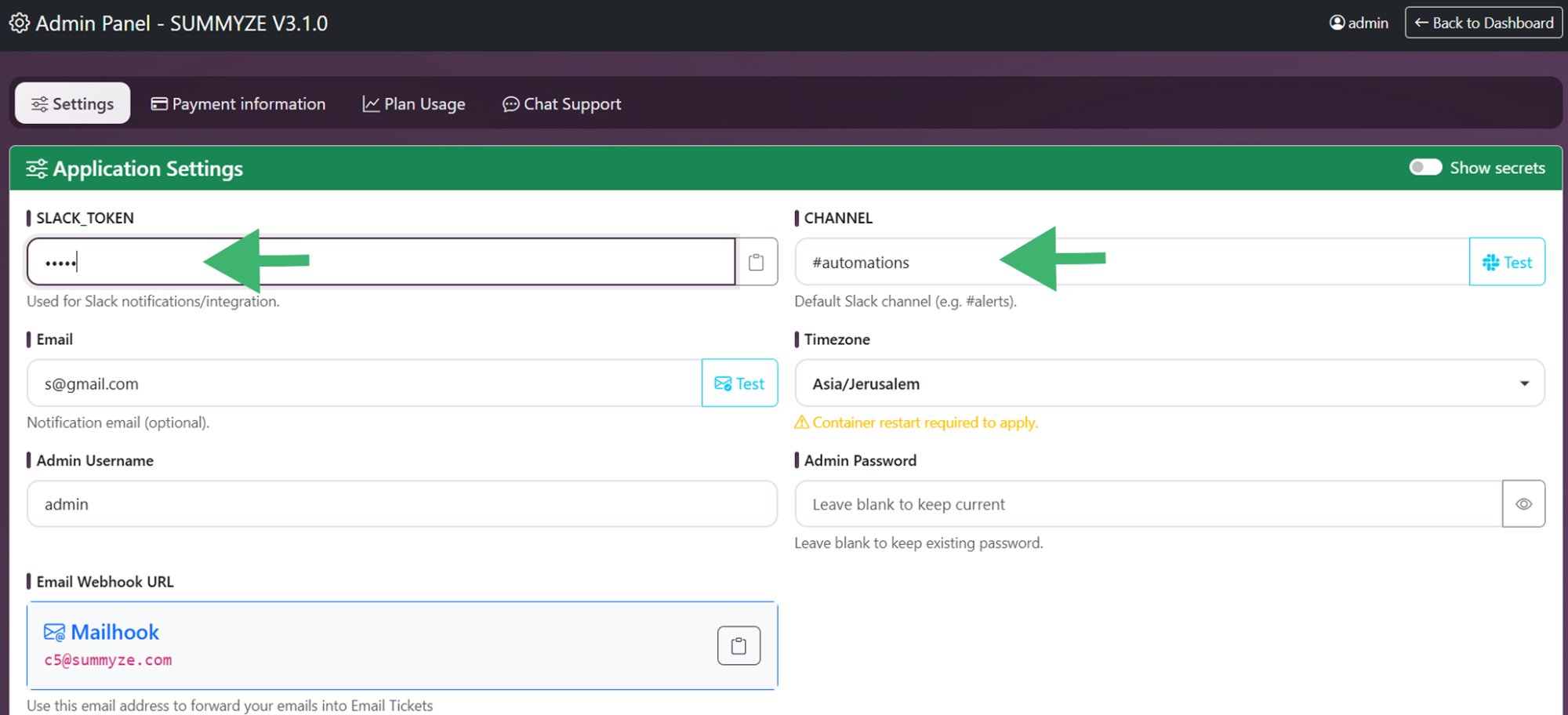 SUMMYZE Admin Panel — Slack Token and Channel fields