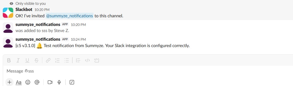 Test notification received in Slack channel