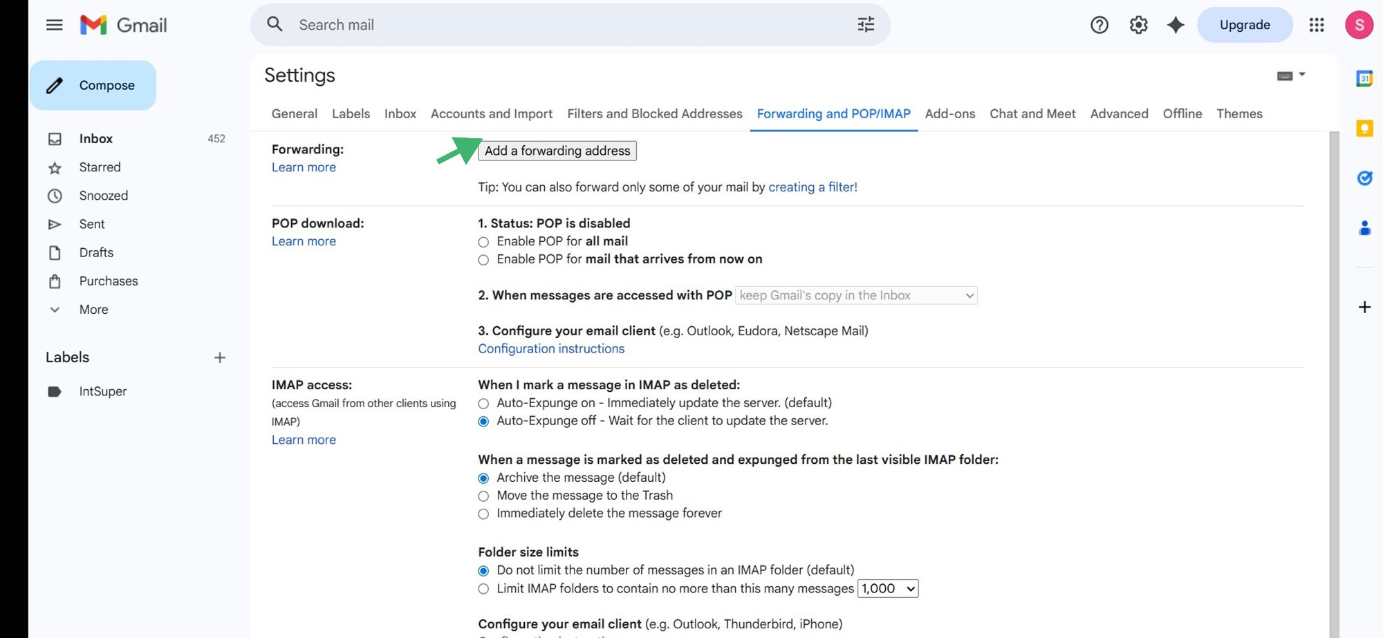 Add a forwarding address button