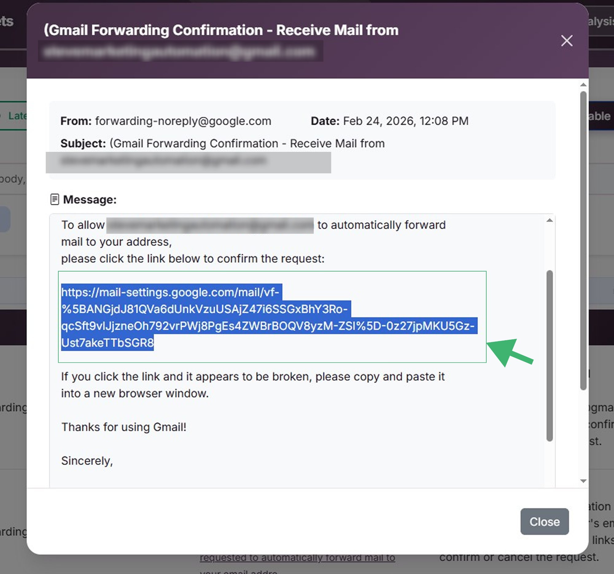 Copy confirmation link from email