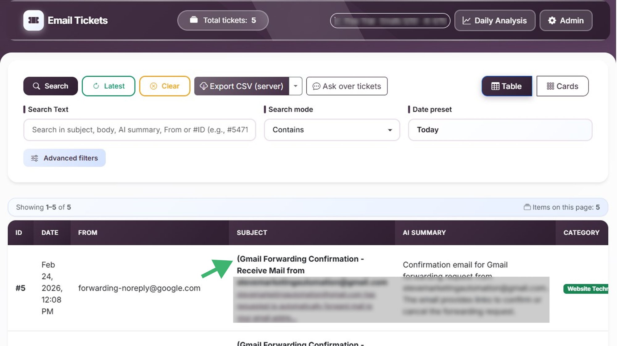 Open confirmation email in SUMMYZE Email Tickets